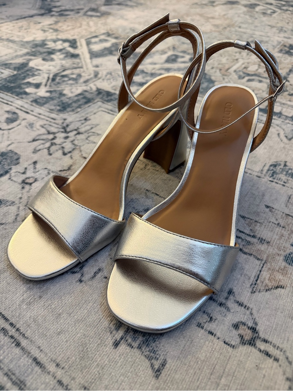Metallic Silver Block Heel Sandals with Ankle Strap